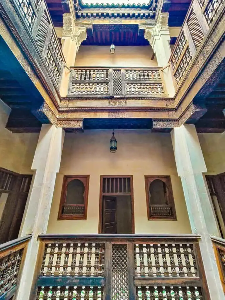 View of two fllors of dorm rooms in Cherratone Madrasa.
