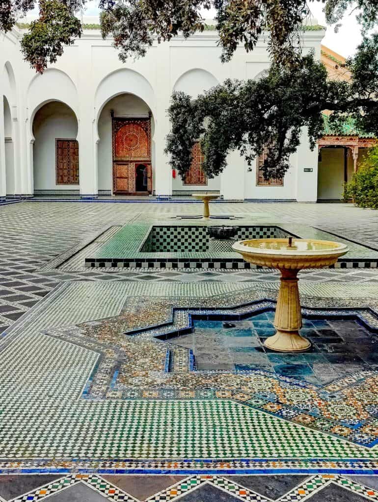 View of the inner courtyard with two fountains of the Dar Batha Museum.