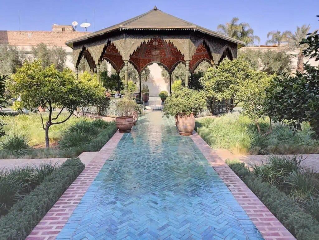 View of an outdoor pavillion insided Le Jardin secret.