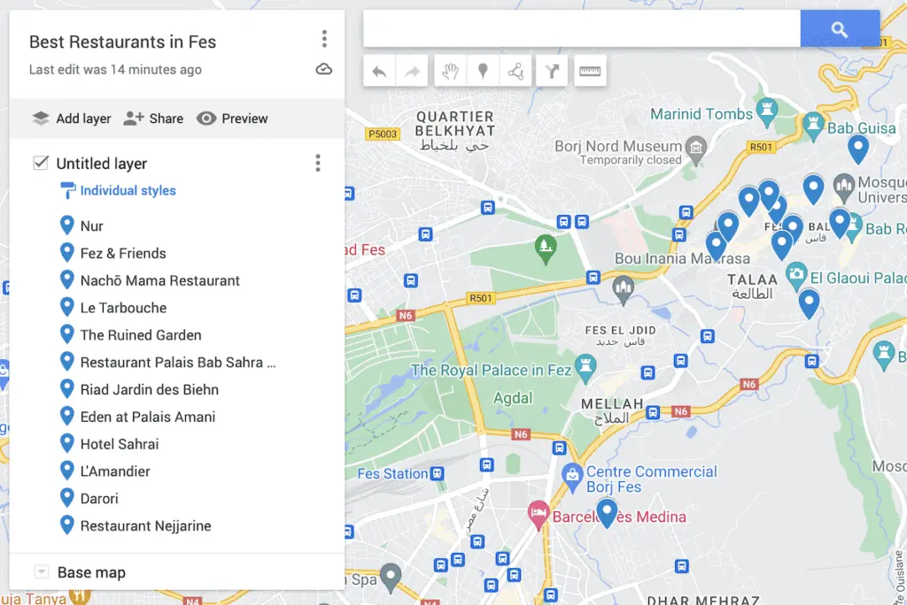 Map of the best places to eat in Fes.