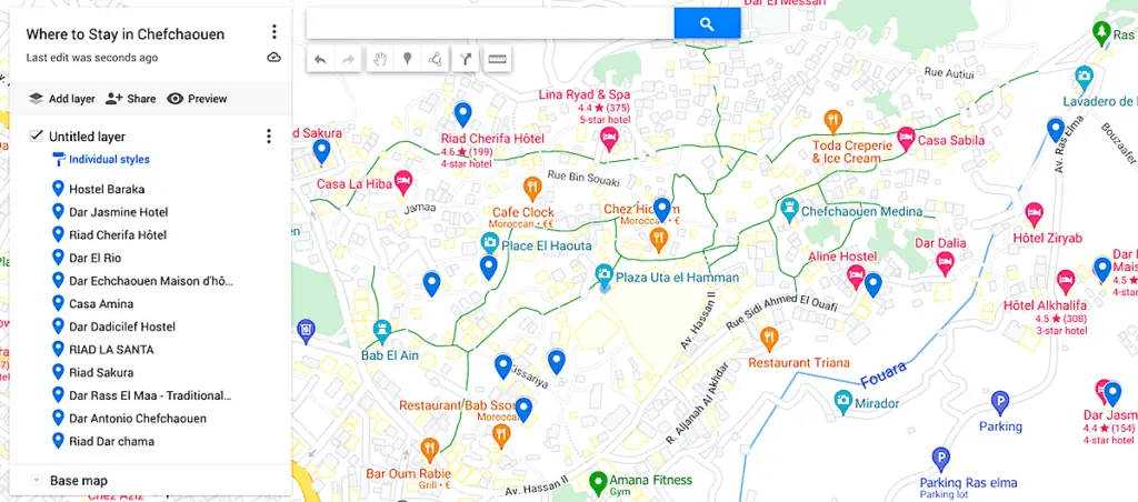 Map of where to stay in Chefchaouen with blue dots to represent the 12 best hotels in Chefchaouen.