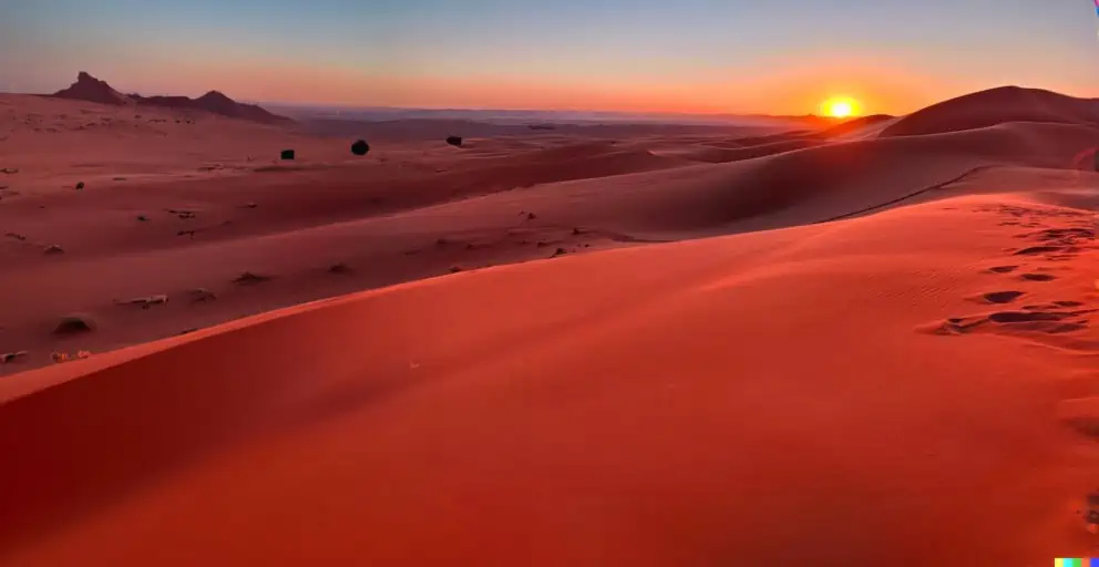 A view of the sun setting over the sand dunes of the Sahara Desert.