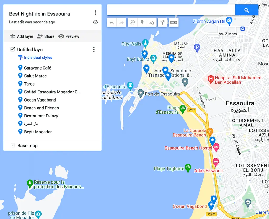 Map of nine places to find the best nightlife in Essaouira.