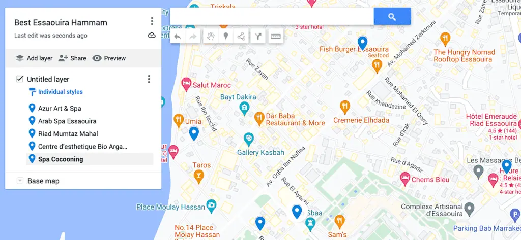 Map of the best Essaouira hammam with 5 tops picks.