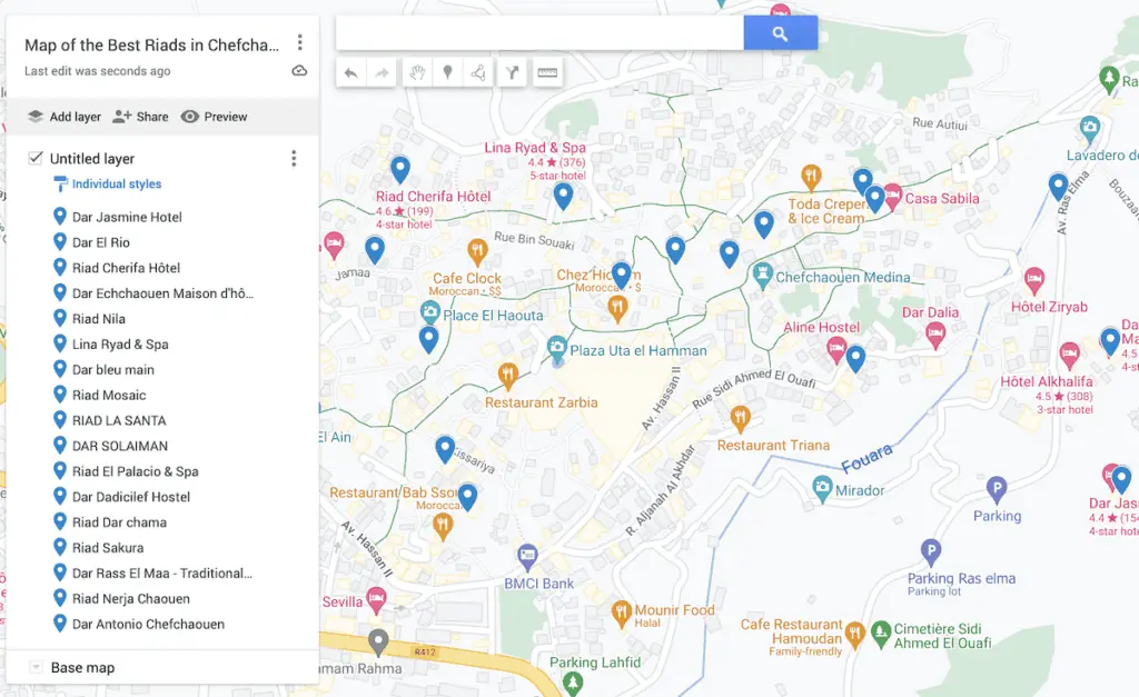 Map of the best riads in Chefchaouen.