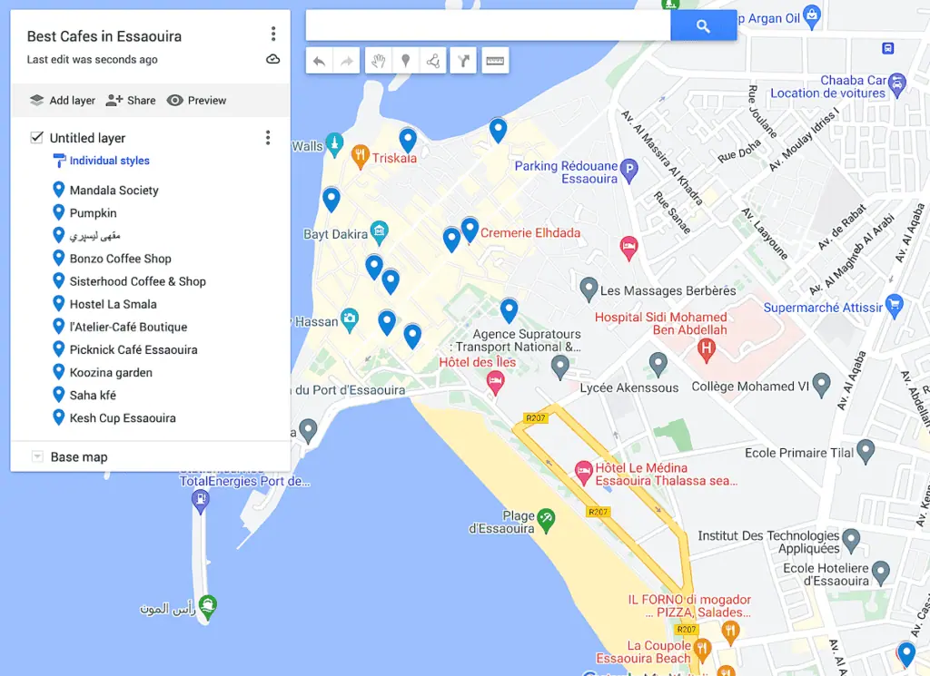 Map of the best cafes in Essaouira with blue dots to represent the 11 best coffee shops in Essaouira.