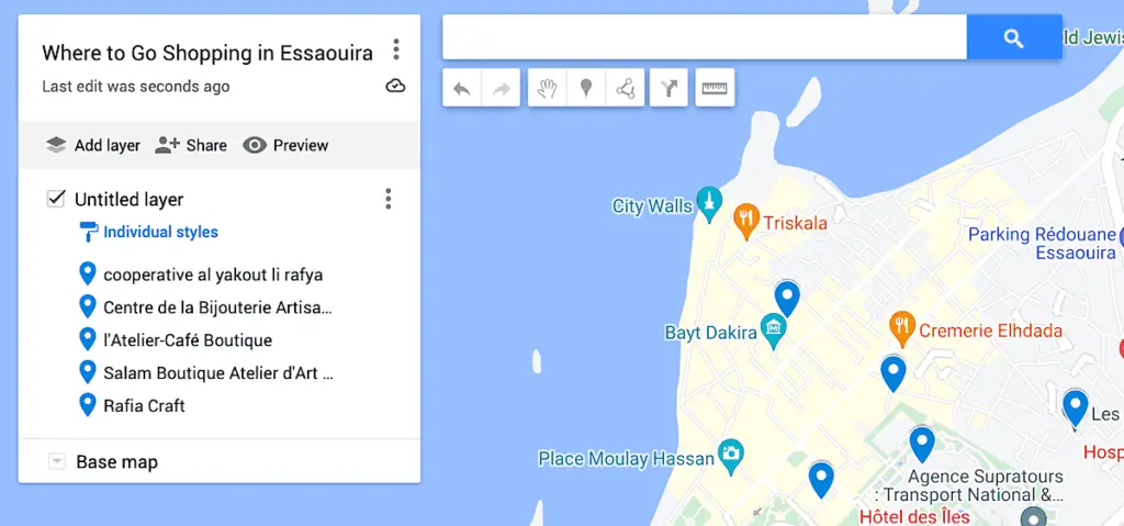 Map of the best shops in Essaouira with blue dots to represent each shop.