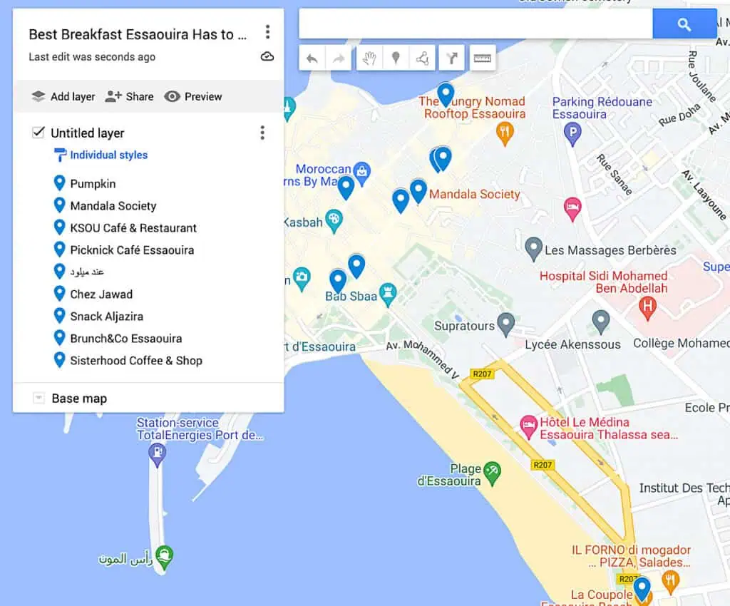 A view of nine unique spots with the best breakfast in Essaouira. This map has nine dots to represent the best places in the city.