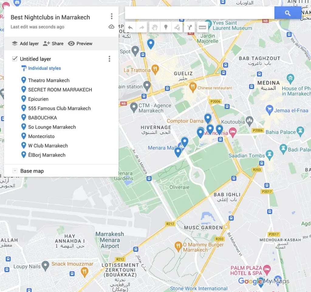 Map of the best nightclubs in Marrakech with 9 blue dots to represent the clubs.