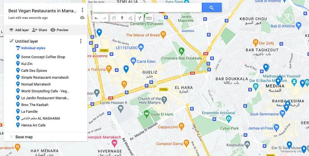Map of the best vegan restaurants in Marrakech with 13 blue dots to represent the best restaurants in the city.,