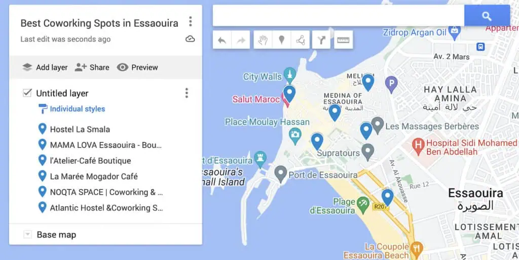 map with blue dots to represent the six best coworking spots in Essaouira.