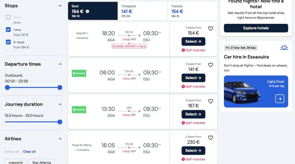 This is a screen shot of the prices of flights from Agadir to Essaouira. They generally cost €141 and take around 27 hours with a layover in Paris.