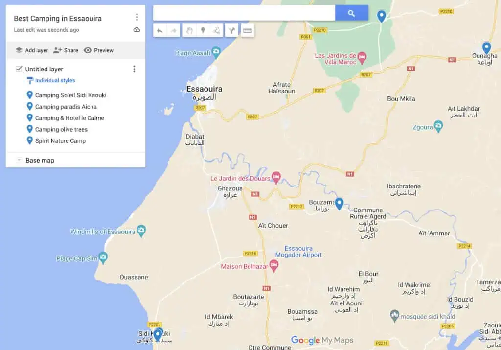 Map of the best camping in Essaouira with five blue dot to represent the best campsite sin Essaouira.