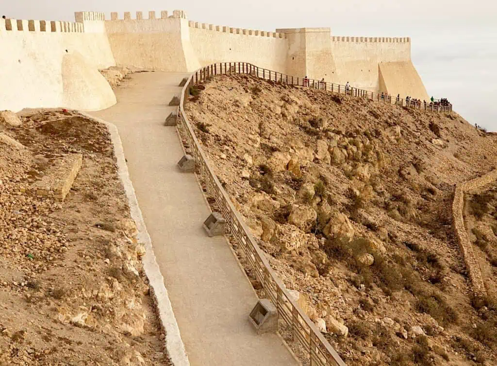 View of a walkway leading up to the Kasbah in Agadir. Its sit high atop the city and offers amazing views of the beach.