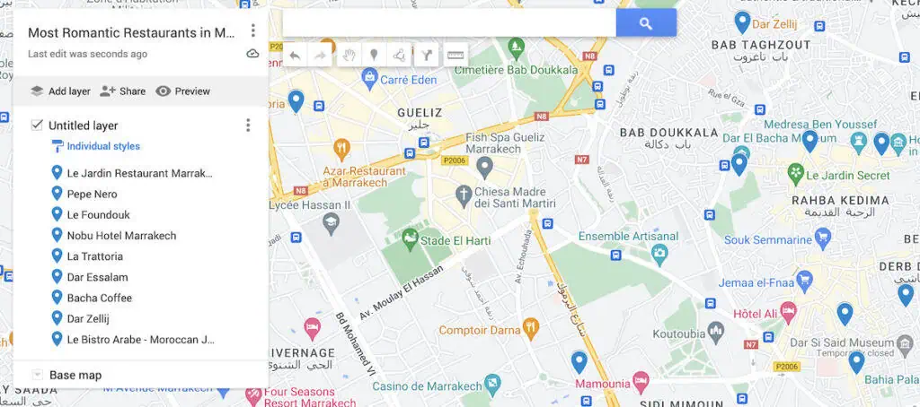 Map with nine blue dots to represent the most romantic restaurants in Marrakech.