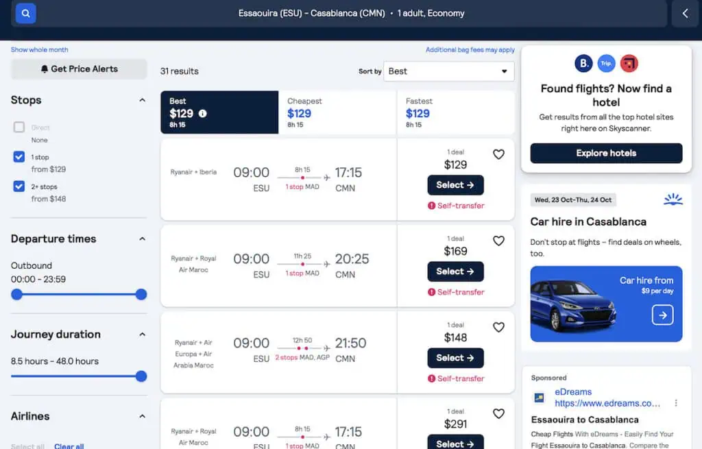 Screen shot of flight prices and times on Skyscanner for flights from Essaouira to Casablanca. It will hel you decide how to get from Essaouira to Casablanca.