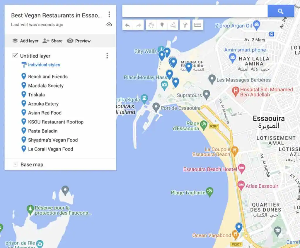 Map of the 9 best vegan restaurants in Essaouira with blue dots to represent each restaurant.