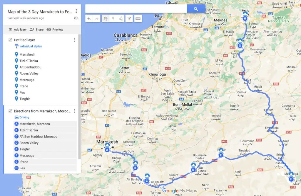 Map of the route you take with blue dots to represent all of the stops during one of the best Marrakech to Fes desert tours.