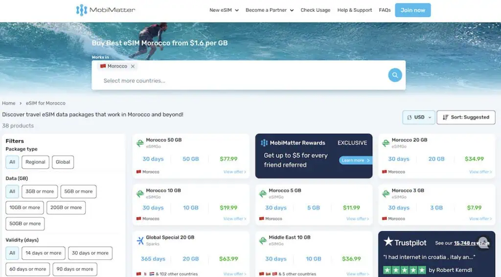 Screenshot of all the different plans available for SIM cards in Morocco. MobiMatters has othe best SIM card in Morocco.