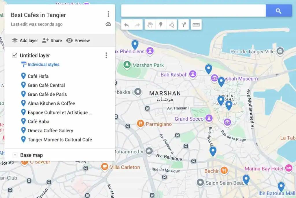 Map of the best cafes in Tangier with 8 blue dots to represent the cafes.