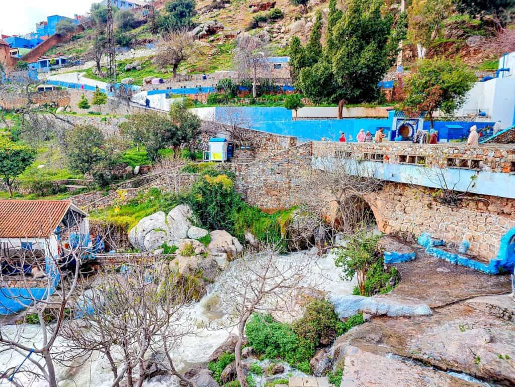 Aerial view of the waterfll and the bridge that goes over the waterfall in Chefchaouen. This is Oued Ras El Maa.