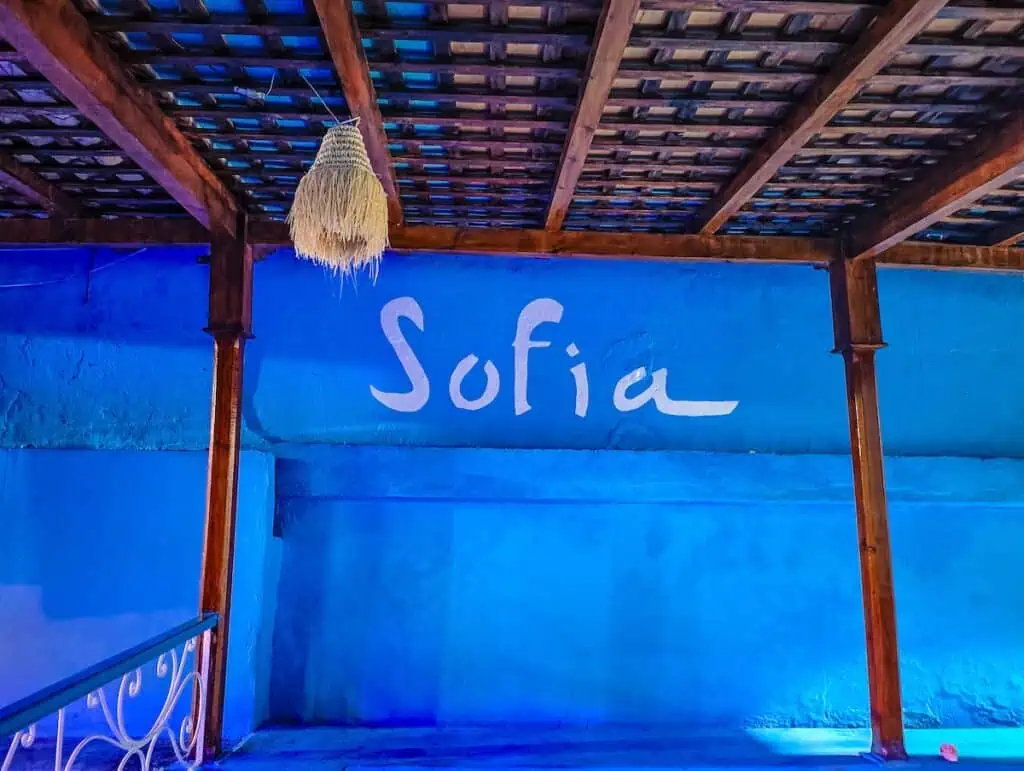 View of the interior of Sofia. You can see the word written in white on a blue wall.